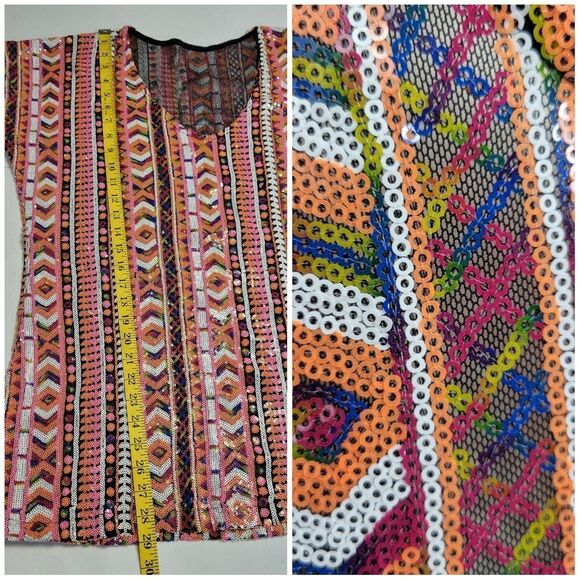 Sequin Mesh Vneck Top Shirt Colorful Pink Orange White Aztec Geometric - Picture 10 of 11